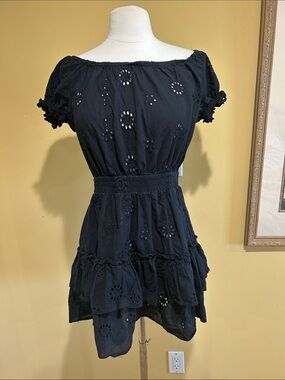 Aqua Navy Eyelet Off-Shoulder Swim Coverup